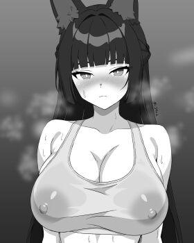 1girl absurdres animal_ears bare_shoulders blush breasts chiiko31 collarbone commentary_request fox_ears fox_girl highres hoshimi_miyabi long_hair looking_at_viewer nipples see-through_clothes solo tank_top upper_body zenless_zone_zero