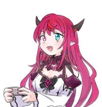 1girl :d bebeko_z blue_eyes commentary controller detached_sleeves dress earrings fang game_controller heterochromia holding holding_controller holding_game_controller hololive hololive_english horns irys_(hololive) irys_(irys_2.0)_(hololive) jewelry long_hair long_sleeves multicolored_hair open_mouth pink_eyes pink_nails pointy_ears purple_hair red_hair simple_background single_hair_streak smile solo streaked_hair symbol-only_commentary two-tone_hair virtual_youtuber white_background white_dress wide_sleeves