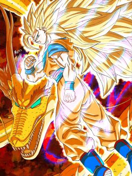 1boy artist_name blonde_hair blue_boots blue_sash blue_shirt blue_wrist_cuffs boots commentary_request dragon dragon_ball dragonball_z green_eyes highres long_hair male_focus no_eyebrows orange_pants orange_shirt pants sash shirt solo_focus son_goku spiked_hair super_saiyan super_saiyan_3 wrist_cuffs yamuchasiyagatte