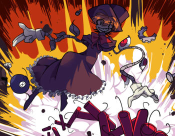 1girl 2018 2girls black_boots bomb boots bow bowtie capelet commentary constricted_pupils crossed_legs cyborg destruction dress dynamite explosion explosive extra_eyes female_focus frilled_dress frills full_body george_the_bombhighres gloves gradient_background grin hat height_difference holding holding_bomb korean_commentary long_eyelashes looking_at_another mechanical_arms midair multiple_girls open_hand orange_hair peacock_(skullgirls) red_bow red_bowtie red_dress red_eyes sharp_teeth short_hair skullgirls smile smoke teeth top_hat u_sihoo white_gloves