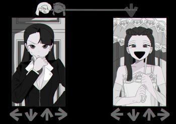 2girls :d ace_attorney asymmetrical_bangs braid dahlia_hawthorne dress earrings friday_night_funkin&#039; greyscale hand_up highres holding holding_umbrella ikitu0 jacket jewelry long_hair long_sleeves looking_at_viewer mia_fey mole mole_under_mouth monochrome multiple_girls open_mouth parody phoenix_wright:_ace_attorney_-_trials_and_tribulations smile umbrella v-shaped_eyebrows