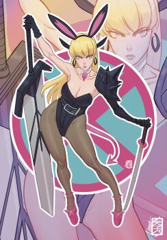 1girl acecore2k alternate_costume animal_ear_hairband animal_ears armor asymmetrical_dual_wielding belt black_belt black_gloves black_hairband black_leotard black_pantyhose blonde_hair blue_eyes breasts cleavage commentary demon_tail detached_collar dual_wielding earrings english_commentary fake_animal_ears fake_tail full_body gloves hairband highleg highleg_leotard highres holding hoop_earrings huge_weapon jewelry katana leotard long_hair looking_at_viewer looking_up magik_(x-men) marvel marvel_rivals pantyhose pauldrons pink_lips pink_shoes pink_tail planted planted_sword planted_weapon platform_shoes playboy_bunny rabbit_ears shoes shoulder_armor single_glove single_pauldron spiked_pauldrons spiked_shoes spikes strapless strapless_leotard sword tail weapon x-men zoom_layer
