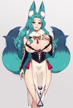 1girl animal_ear_fluff animal_ears aqua_hair black_corset blue_eyes blush breasts commentary corset covered_erect_nipples detached_sleeves dress english_commentary fox_ears fox_girl fur_scarf grey_background groin highres large_breasts lips long_hair looking_at_viewer multiple_tails nail_polish open_mouth original see-through_clothes see-through_dress simple_background smile solo tail the_scarlet_devil