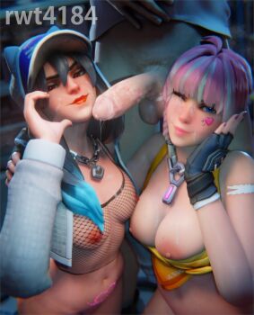 1boy 2girls 3d after_fellatio animal_hood artist_name ashe_(overwatch) black_hair blue_eyes bottomless braid breasts breasts_out cat_hood chain chain_necklace cleavage closed_mouth cropped_jacket cum cum_on_body cum_on_breasts cum_on_upper_body eyeshadow facial fearless_ashe fearless_mercy fingerless_gloves fishnet_tank_top fishnet_top fishnets gloves half-heart_hands hand_on_another's_shoulder hat head_tilt heart highres hood jacket jewelry large_breasts large_penis lipstick_mark lipstick_mark_on_penis looking_at_viewer makeup male_pubic_hair medium_breasts mercy_(overwatch) multiple_girls nail_polish navel necklace nipples one_eye_closed open_clothes open_jacket overwatch penis pink_hair pink_lips pink_nails pubic_hair red_eyes red_lips rwt4184 smile testicles uncensored