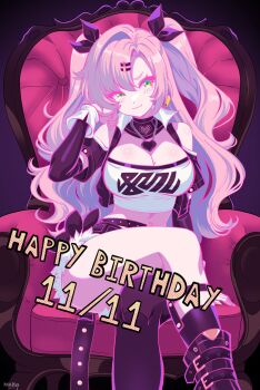 1girl :3 absurdres artist_name bare_shoulders black_boots black_ribbon black_shorts blush boots breasts chair cleavage closed_mouth clothing_cutout commentary crop_top crossed_legs cutoffs dated earrings english_commentary feet_out_of_frame green_eyes hair_ornament hairclip happy_birthday heart heart_earrings heart_necklace highres jewelry kurimako large_breasts long_hair micro_shorts midriff mixed-language_commentary mole mole_on_breast mole_under_eye multicolored_nails necklace nicole_demara on_chair pink_hair purple_background ribbon shorts shoulder_cutout single_hair_intake single_thighhigh sitting solo strapless thighhighs tube_top two_side_up white_tube_top zenless_zone_zero