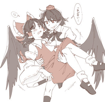 ! !! 2girls ascot bird_wings black_bow black_bowtie blush bow bowtie brown_eyes brown_hair carrying carrying_person commentary_request detached_sleeves eye_contact frilled_bow frilled_hair_tubes frills hair_bow hair_tubes hakurei_reimu hat highres long_hair looking_at_another mary_janes multiple_girls open_mouth pointy_ears princess_carry red_bow red_eyes red_hat red_skirt ribbon-trimmed_sleeves ribbon_trim sakic43899 shameimaru_aya shirt shoes skirt skirt_set socks speech_bubble spoken_exclamation_mark sweatdrop tokin_hat touhou translation_request white_shirt white_socks wings yuri