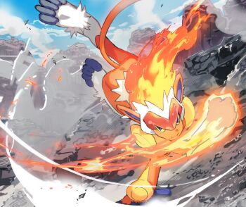 aisutabetao blue_eyes blue_sky cloud colored_sclera fiery_hair fire gen_4_pokemon highres infernape monkey mountain nintendo outdoors pokemon pokemon_(creature) sky smoke tail yellow_sclera
