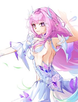 1girl absurdres aqua_hair back backless_dress backless_outfit bare_shoulders breasts commentary cyrene_(demiurge)_(honkai:_star_rail) cyrene_(honkai:_star_rail) diamond-shaped_pupils diamond_(shape) dress from_side highres honkai:_star_rail honkai_(series) korean_commentary korean_text long_hair looking_at_viewer maengkkong-i medium_breasts multicolored_hair parted_lips pink_hair pointy_ears purple_eyes sideboob simple_background smile solo symbol-shaped_pupils two-tone_hair very_long_hair white_background white_dress