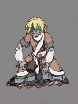 1girl black_skirt blonde_hair blue_skirt bolos brown_jacket colored_skin commentary cross eye_socket frilled_arm_warmers full_body glowing glowing_eye green_eyes grey_background grey_skin grin hammer holding holding_hammer holding_nail jacket kneeling layered_skirt looking_at_viewer medium_hair medium_skirt mizuhashi_parsee monsterification nail_(hardware) nostrils open_clothes open_jacket pointy_ears scarf short_sleeves simple_background skirt smile solo touhou white_arm_warmers white_scarf zombie