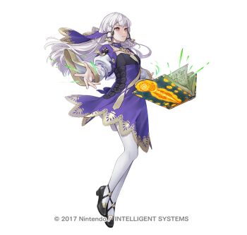 1girl book breasts choker closed_mouth commentary_request dress fighting_stance fire_emblem fire_emblem:_three_houses fire_emblem_heroes hair_ornament long_hair long_sleeves lysithea_von_ordelia lysithea_von_ordelia_(timeskip) ne-on nintendo official_art pantyhose parted_lips pink_eyes purple_choker purple_dress purple_veil simple_background small_breasts solo veil white_background white_hair white_pantyhose