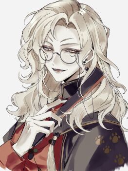 1boy :d absurdres black_cape black_nails blonde_hair cape curtained_hair earrings eyeshadow eyewear_strap fangs folded_fan folding_fan glasses half-closed_eyes hand_fan hand_up highres holding holding_fan jacket jewelry long_hair long_sleeves looking_at_viewer lower_teeth_only luo_xiaohei_zhanji makeup male_focus nail_polish open_mouth parted_bangs paw_print portrait red_eyeshadow red_jacket round_eyewear simple_background sleeve_cuffs smile solo stud_earrings sushisushi_iiii tassel teeth v-shaped_eyebrows wavy_hair white_background ximuzi yellow-framed_eyewear yellow_eyes