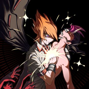 2boys bare_pectorals bare_shoulders black_background black_hair black_wings claws closed_eyes clothed_male_nude_male colored_bangs covering_another's_mouth crying facing_another grey_wrist_cuffs hair_slicked_back hand_on_another's_back hand_on_another's_chest hand_over_another's_mouth highres injury leaning_back male_focus mixed-language_commentary monsterification multiple_boys necktie nude orange_hair outstretched_arms pectorals polo_shirt purple_eyes red_necktie school_uniform shirt sparkle streaming_tears tears topless_male torn_clothes torn_shirt tsukumo_yuma upper_body vector_(yu-gi-oh!) warambling white_shirt wings wrist_cuffs yu-gi-oh! yu-gi-oh!_zexal