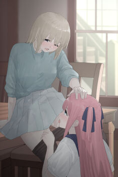 2girls absurdres after_cunnilingus black_pantyhose blue_eyes blue_ribbon blue_shirt blush clothes_pull commentary grey_hair grey_skirt hair_ribbon hand_on_another's_head highres indoors kamiina_botan kamiina_botan_yoeru_sugata_wa_yuri_no_hana long_hair masaki_(yuuuunno) multiple_girls on_table one_eye_closed open_mouth pantyhose pantyhose_pull pink_hair pleated_skirt purple_eyes pussy_juice revision ribbon saliva shirt short_hair skirt table tonami_ibuki tongue tongue_out two_side_up white_shirt yuri