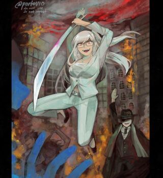 1other 2boys 2girls arm_up arms_up black_hat black_jacket black_necktie black_shoes black_suit blood bloody_weapon building burning burning_building chest_sarashi city clenched_hand commentary danganronpa_(series) danganronpa_3_(anime) dark_persona english_commentary eyelashes eyepatch fire formal_clothes full_body glasses grey_hair grey_jacket grey_pants grey_suit hat high_heels highres holding holding_sword holding_weapon jacket kuzuryu_fuyuhiko long_hair long_sleeves midair multiple_boys multiple_girls necktie nidai_nekomaru official_alternate_costume official_alternate_hairstyle open_mouth owari_akane pant_suit pants pekoyama_peko pillarboxed pink_blood red_eyes sarashi scarf shirt shoes side_ponytail smile spoilers suit sword teeth twitter_username upper_teeth_only vio_(portovio) weapon white_shirt window