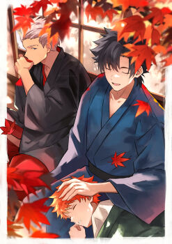 Rule 34 | 3boys, adoptive parent and adoptive child, archer (fate), autumn, black hair, black kimono, blue kimono, border, closed eyes, cup, dark-skinned male, dark skin, emiya kiritsugu, emiya shirou, fate (series), father and son, highres, holding, holding cup, japanese clothes, kimono, leaf, male focus, maple leaf, multiple boys, obi, on lap, orange hair, outside border, parted bangs, sash, shirt, sleeping, terarenai, white border, white hair, white shirt