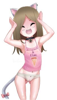 1girl :d absurdres animal_ears armpits artist_name bare_shoulders bell black_choker bow brown_hair cameltoe caramelldansen cat_ears cat_tail choker closed_eyes covered_erect_nipples dancing dark_yaoi english_text eyebrows facing_viewer female_focus flat_chest food food_print gluteal_fold hands_up highres jingle_bell loli long_hair midriff navel open_mouth original panties pink_bow pink_shirt pizza shirt simple_background sleeveless smile solo tail tail_bow tail_ornament teeth underwear upper_teeth_only white_background white_panties