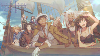 4boys 4girls ^_^ absurdres agnea_bristarni animal_ears anniversary black_hair blonde_hair blue_sky boat braid braided_ponytail breasts brown_hair castti_florenz closed_eyes coat commentary copyright_name english_commentary gloves green_eyes grey_hair hat highres hikari_ku holding holding_staff jacket jacket_on_shoulders korina_(mrpuripurin) long_hair multiple_boys multiple_girls nurse_cap ochette_(octopath_traveler) octopath_traveler octopath_traveler_ii old old_man one_eye_closed open_mouth osvald_v._vanstein outdoors partitio_yellowil sky smile staff standing teeth temenos_mistral throne_anguis upper_teeth_only watercraft white_gloves white_hair white_hat yellow_coat