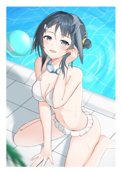 1girl :d absurdres arknights black_hair blue_eyes blush breasts cleavage commentary fingernails goggles goggles_around_neck hair_ornament hairclip hand_in_own_hair highres k@bu la_pluma_(arknights) la_pluma_(summer_flowers)_(arknights) looking_at_viewer medium_breasts navel official_alternate_costume open_mouth poolside short_hair sitting smile solo wariza water x_hair_ornament