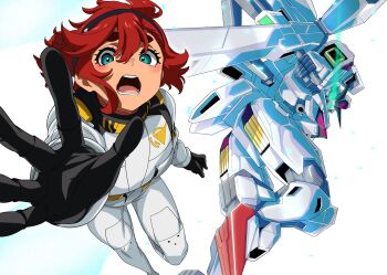 1girl aqua_eyes artist_collaboration atamadarurun beam_cannon black_hairband commentary_request dark-skinned_female dark_skin glowing glowing_eyes green_eyes gundam gundam_calibarn gundam_suisei_no_majo hairband highres holding holding_cannon holding_weapon kuroiwa_cookie mecha mecha_pilot_suit mobile_suit red_hair robot science_fiction simple_background suletta_mercury thick_eyebrows thrusters v-fin weapon white_background