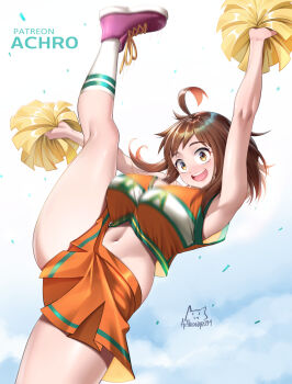 1girl :d achromaru boku_no_hero_academia breasts brown_eyes brown_hair cheering cheerleader crop_top highres large_breasts leg_lift looking_at_viewer medium_hair miniskirt navel open_mouth orange_shirt orange_skirt pink_shoes pleated_skirt pom_pom_(cheerleading) shirt shoes skirt smile socks solo split standing standing_on_one_leg standing_split stomach uraraka_ochako white_socks