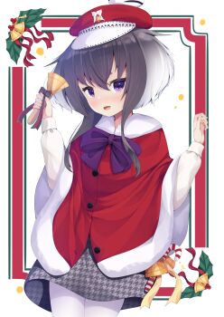1girl black_hair capelet commentary_request fur-trimmed_capelet fur_trim grey_hair hair_between_eyes hat highres kantai_collection long_sleeves looking_at_viewer nakatsurugi_(kasegawa_makase) official_alternate_costume pantyhose purple_eyes red_capelet red_hat short_hair short_hair_with_long_locks smile tokitsukaze_(christmas)_(kancolle) tokitsukaze_(kancolle) white_pantyhose
