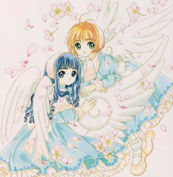 1990s_(style) 2girls :d absurdres ascot blue_dress blue_eyes blue_hair blunt_bangs brown_hair cardcaptor_sakura child clamp daidouji_tomoyo dress flower frilled_dress frills green_eyes hairband highres kinomoto_sakura long_hair long_sleeves magical_girl multiple_girls official_art open_mouth retro_artstyle scan short_hair simple_background smile white_ascot white_background white_legwear wings