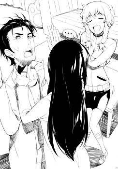 1boy 2girls absurdres amane_suzuha arms_around_self beard_stubble belt bike_shorts blush breasts closed_eyes collarbone facial_hair future_gadget_lab greyscale highres holding holding_razor ikeda_yasuhiro imminent_shaving jacket kneehighs lab_coat long_hair makise_kurisu medium_breasts monochrome multiple_girls official_artist_extra okabe_rintarou open_mouth pants razor science_adventure shirt shoes smile sneakers socks steins;gate stubble t-shirt track_jacket unkempt white_shirt