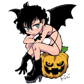 bat_wings bikini black_bikini black_boots black_gloves black_hair boots commentary_request demon_girl fang from_side full_body gloves green_eyes high_heel_boots high_heels jack-o'-lantern kiichi looking_at_viewer original short_hair signature simple_background sitting swimsuit white_background wings