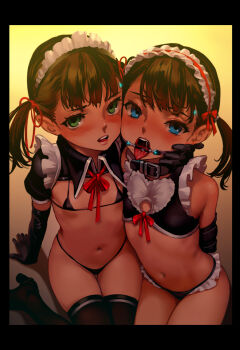 2girls arm_support arms_behind_back as109 bare_shoulders bdsm bikini black_gloves black_legwear black_shrug blue_eyes blush bondage bound bow brown_hair censored city_no.109 collar crop_top elbow_gloves emerald_(as109) flat_chest frills from_above full-face_blush gag gloves gradient_background green_eyes hair_ribbon hand_on_another&#039;s_chin high_heels highres hug indoors kneeling legs_together lips loli looking_at_viewer looking_up maid maid_bikini maid_headdress micro_bikini mole mole_under_mouth multiple_girls navel official_art open_mouth original parted_lips pov red_bow red_ribbon restrained ribbon ring_gag saliva sapphire_(as109) sexual_coaching short_hair short_twintails shrug_(clothing) siblings sisters sitting slave smile solo_focus swimsuit thighhighs tongue tongue_clamp tongue_out twins twintails unconventional_maid wariza