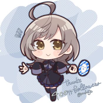 >:) 1girl :> assault_lily black_boots black_bow black_bowtie black_dress black_thighhighs blush boots bow bowtie chibi closed_mouth commentary_request disembodied_hand dress finger_counting frilled_dress frills full_body grey_background grey_bow grey_bowtie grey_hair jewelry long_hair long_sleeves looking_at_viewer milestone_celebration notice_lines official_alternate_costume oversized_clothes polka_dot polka_dot_background ponokaijo ring sasaki_ran sleeves_past_wrists solo standing standing_on_one_leg thank_you thighhighs twitter_username two-tone_background v-shaped_eyebrows yellow_eyes