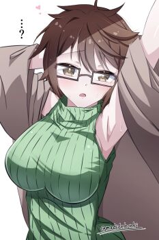 Rule 34 | ...?, 1girl, absurdres, arm up, armpits, artist name, aussa (yu-gi-oh!), blush, breasts, brown eyes, brown hair, duel monster, glasses, green sweater, heart, highres, large breasts, looking at viewer, madidehonki, open mouth, short hair, simple background, solo, stretching, sweat, sweater, twitter username, upper body, white background, yu-gi-oh!