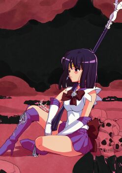 absurdres bishoujo_senshi_sailor_moon boots brooch choker circlet elbow_gloves empty_eyes expressionless garnet_rod gloves gold_circlet high_heels highres jewelry knee_boots nanaeljustice purple_boots purple_eyes purple_sailor_collar purple_skirt sailor_collar sailor_saturn sailor_senshi sailor_senshi_uniform short_hair silence_glaive sitting skirt skull star_(symbol) star_brooch star_choker tomoe_hotaru white_gloves