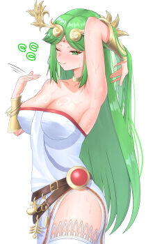 1girl absurdres ancient_greek_clothes arm_up armlet armpits bare_shoulders belt blush breasts brown_belt circlet cleavage closed_mouth collarbone dress fanning_self forehead_jewel gold_choker greco-roman_clothes green_eyes green_hair highres jewelry kid_icarus kid_icarus_uprising large_breasts laurel_crown long_hair meipasuye neck_ring nintendo one_eye_closed palutena smile solo sweat thighhighs tiara very_long_hair white_dress white_thighhighs