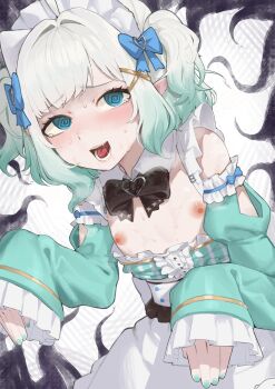 1girl @_@ absurdres bare_shoulders black_bow black_bowtie blue_bow blue_eyes bow bowtie clothes_pull commentary detached_collar detached_sleeves dress_pull flat_chest gradient_hair green_hair green_nails green_sleeves hair_bow highres indie_virtual_youtuber looking_at_viewer maid maid_headdress mint_fantome mint_fantome_(minto_2.0) mirumiruchan multicolored_hair nail_polish nipples open_mouth pointy_ears short_hair sleeves_past_wrists solo tearing_up twintails two_side_up virtual_youtuber white_hair