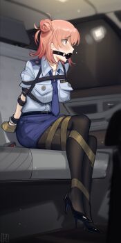 1girl absurdres arms_behind_back ball_gag bdsm black_pantyhose blue_necktie blue_shirt blush bondage bound bound_ankles bound_arms bound_legs bound_thighs bound_torso bound_wrists breast_bondage breasts cad_(caddo) car car_interior collarbone collared_shirt commentary commission crossed_legs cuffs drooling english_commentary epaulettes female_focus gag gagged hair_bun handcuffs high_heels highres kidnapped kidnapping large_breasts large_variant_set long_hair looking_to_the_side medium_hair miniskirt motor_vehicle necktie open_mouth pantyhose pencil_skirt pink_hair police police_uniform policewoman red_eyes restrained rope second-party_source shibari shibari_over_clothes shirt short_sleeves single_hair_bun sitting skirt solo tape tape_bondage taped_hands teeth upper_teeth_only variant_set yahari_ore_no_seishun_lovecome_wa_machigatteiru. yuigahama_yui