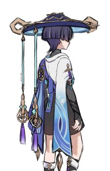 Rule 34 | 1boy, animal print, arm at side, armor, bird print, black bodysuit, black hair, black shorts, blue hat, blunt ends, bodysuit, bridal gauntlets, cape, commentary request, facing to the side, from behind, furisode, genshin impact, gold, gold ring, grey bridal gauntlets, hat, highres, japanese armor, japanese clothes, jingasa, kimono, kote, kurokote, male focus, middle ring, purple cape, purple hair, purple rope, rope, scaramouche (genshin impact), short sleeves, shorts, solo, tassel, turtleneck, turtleneck bodysuit, twitter username, wanderer (genshin impact), white background, white kimono, white sleeves, yoneya (ocome otabe)