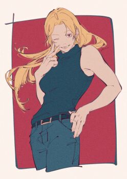 1girl belt belt_buckle black_shirt blonde_hair blue_pants buckle commentary cowboy_shot denim hand_on_own_hip highres jeans jujutsu_kaisen long_hair mim_(mimya0600) one_eye_closed pants red_eyes shirt sleeveless sleeveless_shirt solo tsukumo_yuki_(jujutsu_kaisen) v