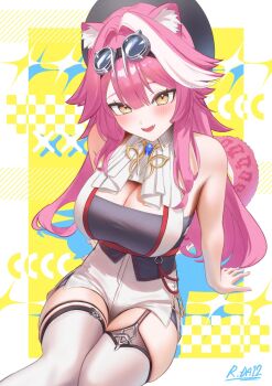 1girl animal_ears ascot bare_arms bare_shoulders beret bilingual_commentary black_hat blue_gemstone blush breasts cleavage commentary english_commentary eyeshadow fangs garter_straps gem goggles goggles_on_head hair_intakes hat high-waist_skirt highres hololive hololive_english jewelry large_breasts long_hair makeup mixed-language_commentary multicolored_hair nattoushouyu3 open_mouth panther_ears panther_girl panther_tail pink_eyeshadow pink_hair pink_nails raora_panthera raora_panthera_(1st_costume) shorts signature single_garter_strap sitting skirt smile solo streaked_hair tail thighhighs thighs two-tone_hair virtual_youtuber white_ascot white_shorts white_thighhighs yellow_background yellow_eyes