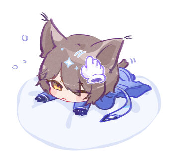 Rule 34 | 1boy, absurdres, animal ears, arknights, black gloves, blue jacket, blush stickers, brown eyes, brown hair, chibi, closed mouth, disembodied hand, full body, gloves, hair over one eye, headpat, highres, jacket, lying, male focus, motion lines, myluche, on stomach, one eye closed, phantom (arknights), simple background, solo focus, tail, tragodia (arknights), white background