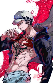 Rule 34 | 1boy, abs, black coat, blood, chest tattoo, chinese commentary, closed mouth, coat, commentary, cowboy shot, dated, denim, earrings, facial hair, goatee, hat, heart, holding, holding heart, hood, hooded coat, jeans, jewelry, male focus, mixed-language commentary, one piece, pants, short hair, sideburns, solo, tattoo, trafalgar law, yuan jessie0430