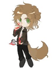 Rule 34 | 1boy, absurdres, animal ears, axe, black pants, blood, blood on clothes, blood on face, blood on hands, bloody weapon, brown hair, brown jacket, chen (yjc9987), chinese commentary, commentary request, deformed, dog boy, dog ears, dog tail, fang, green eyes, highres, holding, holding axe, holding weapon, jacket, kemonomimi mode, long sleeves, male focus, medium hair, open clothes, open jacket, open mouth, pants, parted bangs, saibou shinkyoku, shinano eiji, shirt, simple background, sketch, skin fang, solo, tail, weapon, white background, white shirt