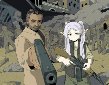 aiming aiming_at_viewer ak-47 assault_rifle call_of_duty call_of_duty:_black_ops_2 commentary elf expressionless facial_hair frieren fubarmoe green_eyes grey_hair gun handgun holding holding_weapon kalashnikov_rifle looking_at_viewer mustache one-eyed pointy_ears raul_menendez rifle scene_reference soldier sousou_no_frieren war weapon