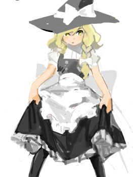 Rule 34 | apron, bad drawr id, bad id, black pantyhose, blonde hair, bow, braid, clothes lift, dress, dress lift, hat, hat bow, kirisame marisa, looking at viewer, maid apron, oekaki, pantyhose, single braid, touhou, white background, witch hat, yu (yukiri)