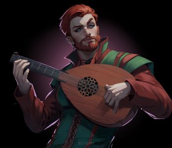 1boy absurdres artist_name baldur's_gate baldur's_gate_3 bard beard blue_eyes brown_hair dcyann dungeons_&amp;_dragons dungeons_&amp;_dragons earrings facial_hair highres holding holding_instrument instrument jewelry looking_to_the_side lute_(instrument) male_focus scar scar_on_face scar_on_nose short_hair solo upper_body