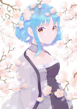 1girl absurdres black_dress blue_hair branch breasts brown_eyes cherry_blossoms cleavage closed_mouth collar collarbone commentary_request cowboy_shot detached_collar dress expressionless eyelashes flower highres jacket light_particles long_sleeves mandarin_collar medium_breasts nikki_(series) pink_flower pointy_nose see-through_clothes see-through_jacket shining_nikki short_hair_with_long_locks single_sidelock solo standing strapless strapless_dress tokkaridouru two-tone_dress white_background white_collar white_dress white_jacket yexiao_(shining_nikki)