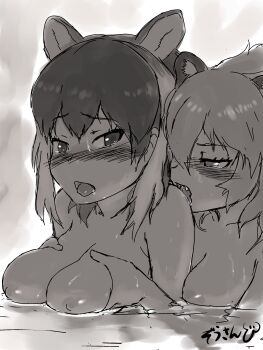 2girls absurdres animal_ears bathing behind_another biting blush breasts extra_ears fangs grabbing_another's_breast grabbing_from_behind groping hair_between_eyes half-closed_eyes highres kemono_friends large_breasts licking lion_(kemono_friends) lion_ears masuyama_ryou medium_breasts moose_(kemono_friends) moose_ears multicolored_hair multiple_girls nipples nose_blush nude onsen open_mouth partially_submerged saliva shared_bathing short_hair tongue tongue_out two-tone_hair upper_body water wet yuri