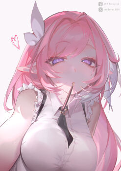 1girl absurdres breasts commentary_request elf elysia_(honkai_impact) facebook_username food food_in_mouth heart highres honkai_(series) honkai_impact_3rd large_breasts long_hair looking_at_viewer pink_hair pocky pocky_day pocky_in_mouth pointy_ears purple_eyes shirt simple_background solo twitter_username very_long_hair white_background white_shirt yu_chien_(yuchien4221)
