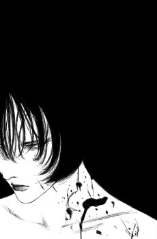 1girl black_background black_outline blood blood_on_neck blood_splatter bob_cut cropped_shoulders greyscale highres looking_to_the_side monochrome original outline short_hair tp_p_pt