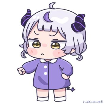 1girl :&lt; aged_down ahoge blush_stickers brown_eyes closed_mouth collared_dress commentary_request demon_horns dress full_body grey_hair hand_on_own_hip hololive horns la+_darknesss long_sleeves low_twintails mochimiko multicolored_hair no_shoes outstretched_arm pointing puffy_long_sleeves puffy_sleeves purple_dress purple_hair short_twintails signature simple_background socks solo standing streaked_hair twintails virtual_youtuber white_background white_socks