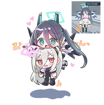 2girls :d absurdres aqua_eyes aqua_halo aris_(armed)_(blue_archive) aris_(blue_archive) arms_at_sides black_hair black_hairband black_skirt black_thighhighs blue_archive blush_stickers bright_pupils chibi chibi_only commentary_request d: double-parted_bangs downturned_eyes flying frown full_body hair_between_eyes hairband halo happy headgear highres kei_(blue_archive) kei_(new_body)_(blue_archive) long_hair long_hair_between_eyes long_sleeves looking_at_viewer looking_down mechanical_wings miniskirt multiple_girls official_alternate_costume official_alternate_hairstyle open_mouth papiko_(mochipapiko) pink_halo pleated_skirt rectangular_halo red_eyes reference_inset ringed_eyes school_uniform simple_background skirt smile sound_effects tareme thighhighs twintails v-shaped_eyebrows very_long_hair white_background white_hair white_pupils wings